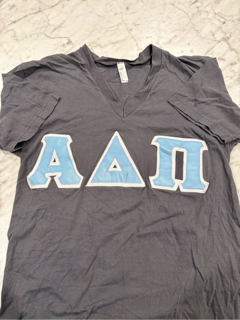 American Apparel Grey Short Sleeve Shirt with Light Blue ADPi Greek Letters